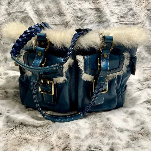 Coach Teal Leather Shoulder Bag with Cream Fur Trim - Picture 1 of 11